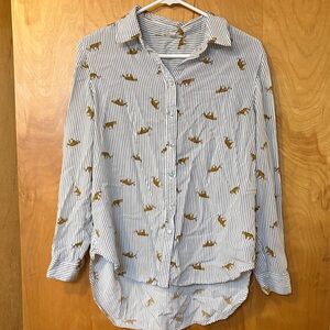 Striped White & Blue Button-Up Shirt with Mustard Cheetah Print